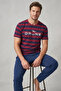 Text Printed Claret Red/Navy Blue Men's Short Sleeve Cotton Pajama Set with Crosswise Thick Stripes and Cuffed Legs - 2
