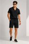 Men's Crepe Fabric Breathable Short Sleeve Shirt Pocket Shorts Bottom Top Set - Black