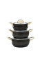 Granite Casserole Pot Set 6 Pieces with Steel Handles and Glass Lids 16-18-20 cm Black Gold - 5