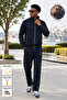 Navy Blue Stand Collar Tracksuit Set with Stripe Detail, Lined Inside, Standard Fit, Zipper Pockets, Cotton Steel Interlock Fabric, Men's - 2