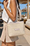Cream Women's Straw Shoulder Bag with Adjustable Strap and Zipper, Summer Casual Stylish Crossbody Bag Model - 7