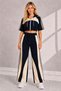Women's Hooded Zipper Short Sleeve Crop Top High Waist Wide Leg Stripe Detailed Tracksuit Set