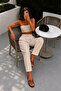 Women's Beige Linen Fabric High Waist Folded-Cuff Casual Pants (No Show) - 4