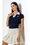 Women's Navy Blue Polo Collar Embroidery Detailed Camisole Slim Fit T-Shirt - 6