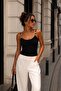 Women's Black Ribbed Fabric Beaded Strap U-Neck Slim Fit Summer Blouse - 2