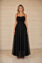 Women's Black Thin Strap Draped Gathered Tulle Detailed Long Evening Dress - 5