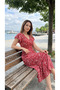 Women Short Sleeve Double Breasted Lapel Elastic Waist Floral Print Dress - 6