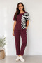 Women's Short Sleeve Crew Neck Zebra Pattern Detailed Casual Blouse Trousers Two-Piece Set