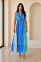 Blue Watercolor Patterned Halter Neck Double Breasted Collar Lined Maxi Dress