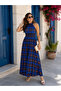 Women's Plaid Patterned Off-Shoulder Long Summer Single Jersey Dress - 2