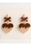 Chocolate Sauce Waffle Heart Women's Earrings - Beige and Brown Bow Detail Sweet Jewelry