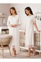 New Season Ecru Stylish Lace Detailed Design with Easy Breastfeeding Feature Short Sleeve 100% Cotton Maternity Nightgown Set - 3