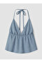 Özmarka New Season Blue Halter Neck V-Neck Gathered Blouse - 7