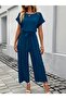 Women's Short Sleeve Round Neck Aerobin Jumpsuit with Elastic Waist and Pockets - 2