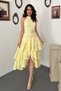 Women's Yellow Halter Neck Floral Embroidered Belted Layered Flounce Midi Dress