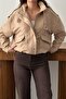 Women's Beige Stand Collar Short Suede-Look Jacket with Snap Pocket Detail - 4