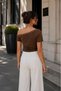 Women's Coffee Lace Detailed Boat Neck Ribbed Short Sleeve Slim Blouse - 2
