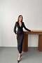 Women's Black Midi Dress V-Neck Chiffon Long Sleeve Low-Cut Waist with Drawstring Detail - 2