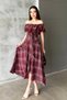 Women's Plum Plaid Carmen Collar Lace Detailed Belted Midi A-Line Dress