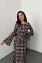 Women's Brown Polka Dot Long Dress Round Neck Flounce Sleeves Fitted Maxi - 3