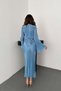 Women's Blue Long Pleated Spanish Sleeve Round Neck Belted Dress - 5
