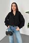 Women's Black Shirt with Collar Texture, Oversize Long Sleeve Buttoned Embroidered Shirt - 2