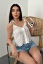 Women's White Blouse with Straps, Lace-Up, Embroidered, Cropped, V-Neck, Buttoned, Embroidered - 3