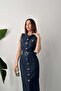 Women's Blue Sleeveless Belted Buttoned Pocketed Slit Maxi Denim Dress - 3
