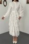 Women's White Long Dress with Stand Collar, Buttoned Belt, Flounces and Floral Texture - 4