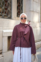 Women's Collar Ribbon Tie Asymmetrical Cut Blouse Plum
