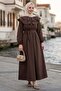 Collar Detailed Elastic Waist Belted Dress Brown Hm2946 - 3
