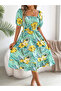 Green Floral Square Neck A-Line Midi Dress