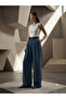 Women's Navy Blue Flowy Palazzo Cut Premium Tencel Fabric Belted Trousers - 7