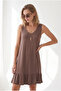 Women's Plain Camel V-Neck Skirt Ruffled Knitted Viscose Dress Elb-19002688 - 4