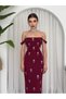 Women's Burgundy Midi Dress with Square Collar, Stone Detail, Straps and Body-Fitting Fit - 7