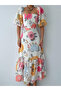 Women's White Floral Patterned Square Neck Balloon Sleeve Flounced Midi Linen Dress - 2