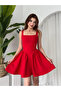 Women's Red Mini Dress Square Neck Backless Flared with Bow Detail - 6