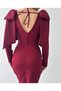 Women's Burgundy Midi Dress with Crew Neck, Bow Detail on the Shoulder and Slit - 8