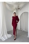 Women's Burgundy Midi Dress with Crew Neck, Bow Detail on the Shoulder and Slit - 4