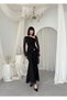 Women's Black Asymmetrical Collar Draped Brooch Detailed Tulle Long Sleeve Midi Dress