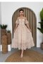 Women's Beige Midi Dress with Floral Pattern, Off-Shoulder, Balloon Sleeves, Elastic Waist - 3
