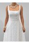 Women's Ecru Midi Dress Tulle Embroidered Square Collar Strap Midi Evening Dress - 8