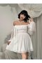 Women's White Mini Dress Chiffon Boat Neck Balloon Sleeves Gathered Flounces - 3