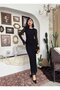 Women's Black Midi Dress Lace Textured Crew Neck Long Sleeve Gathered - 4