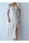 Women's Green Midi Dress Square Collar Balloon Sleeves Floral Pattern Slit Poplin - 2