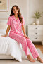 Pink Cherry Patterned Short Sleeve Shirt Collar Milan Fabric Women's Pajama Set - 3