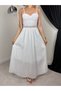 Women's White Maxi Dress with Straps, Sweetheart Neckline, Scallop Detail, Tie Back, and Flared Hem - 4