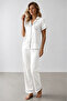 Silky Satin Short Sleeved Women's Pajama Set with Stone Accents - 3