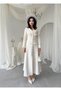 Women's Ecru Button Detailed V-Neck Long Sleeve Chanel Textured Midi Dress - 6
