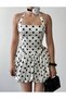 Women's Ecru Mini Dress Polka Dot Halter Neck Gathered Balloon Skirt Satin - 2